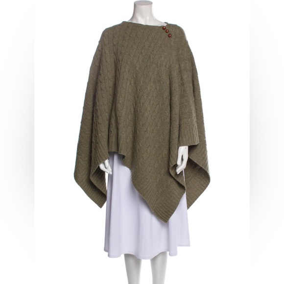 Ralph Lauren Cable Knit Wool Cashmere Poncho Wrap Sage Green Bateau Neckline M/L - Picture 4 of 15